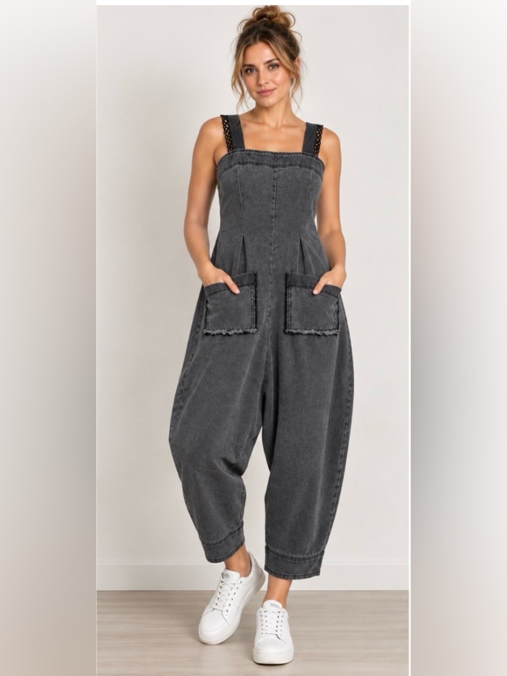 Women’s Harem Denim Jumpsuit Stretch Washed Black Charcoal Size M